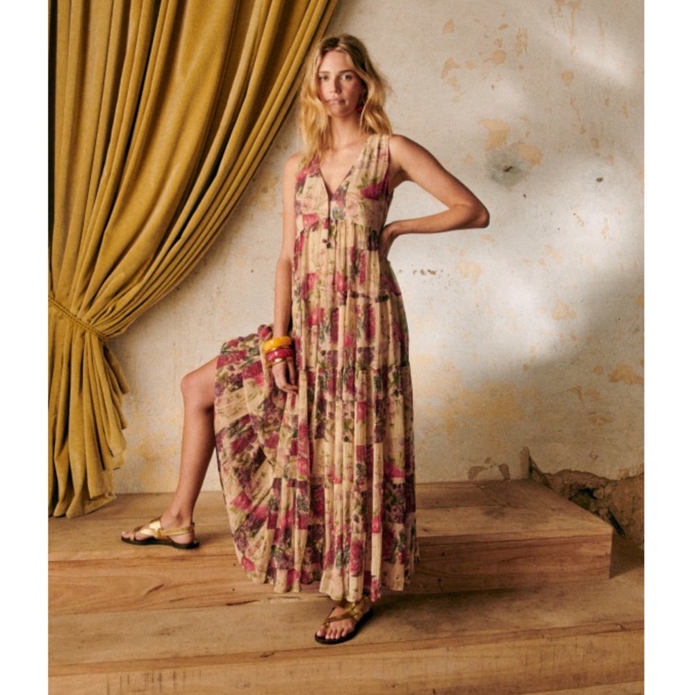 SEZANE Cream Red Rose Floral Patchwork Sleeveless Flowy Silk Alameda Maxi Dress - Picture 14 of 14